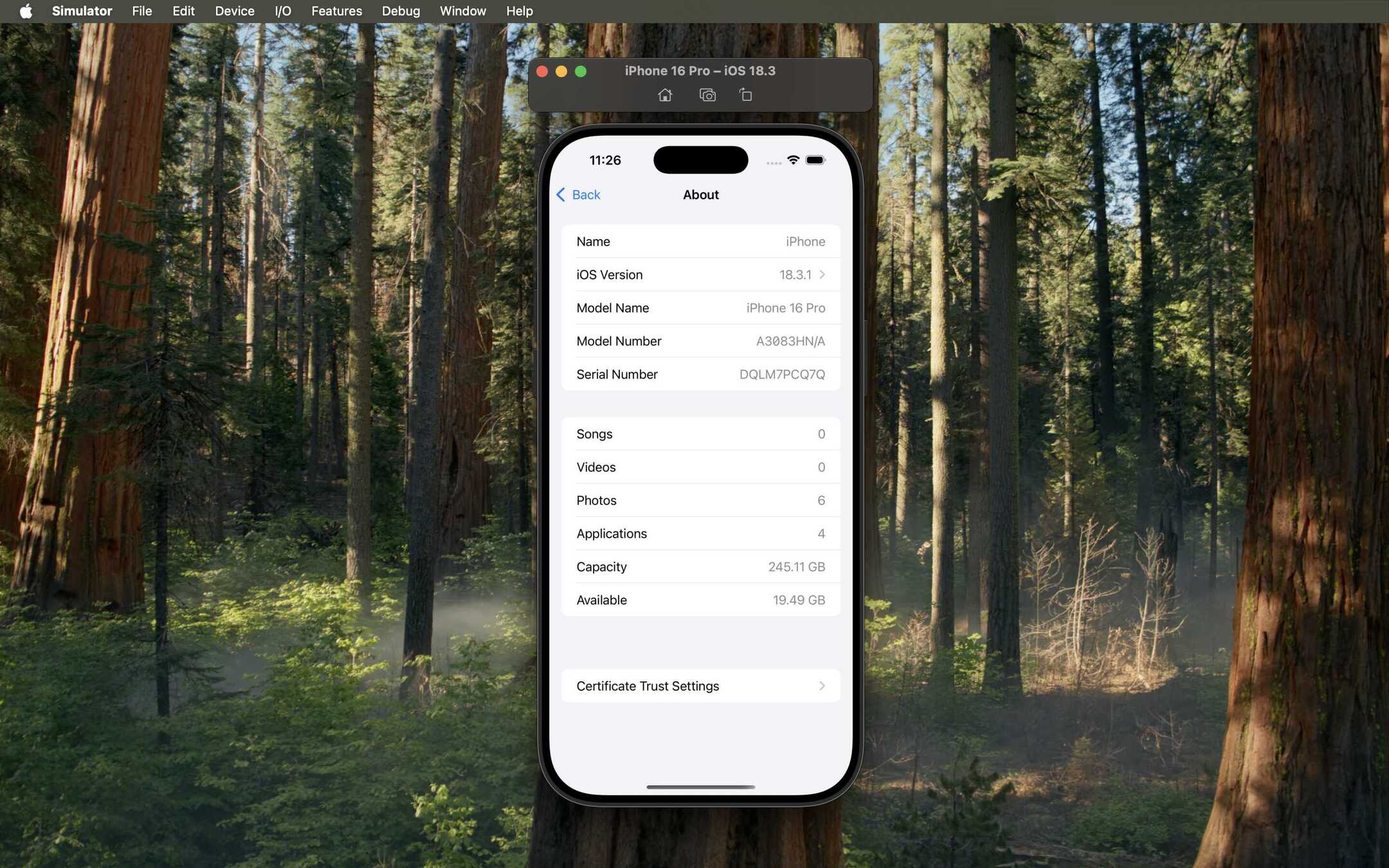 iOS Simulator Settings screen showing Certificate Trust Settings option.