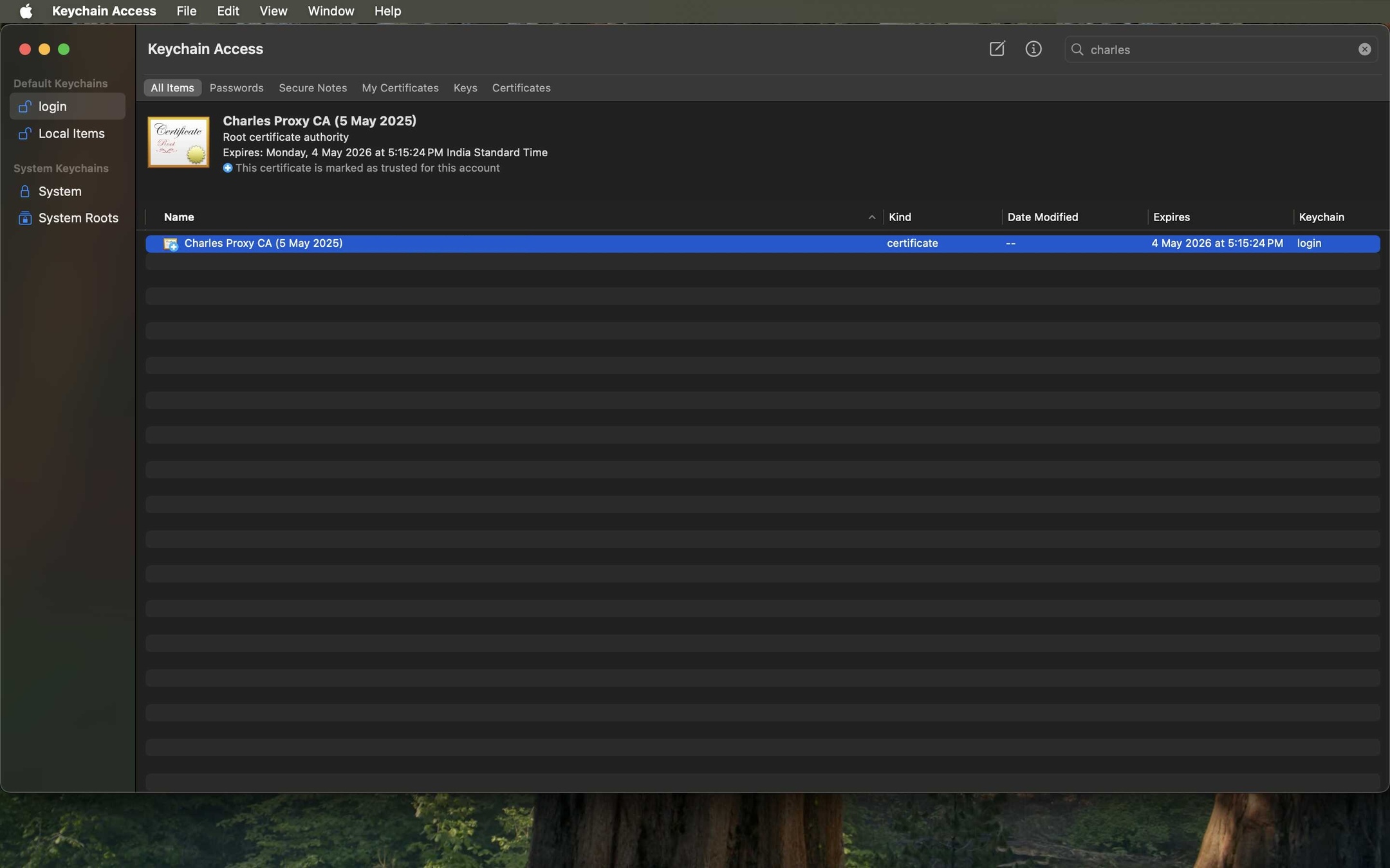 Keychain Access with 'charles' searched, showing the Charles Proxy certificate.