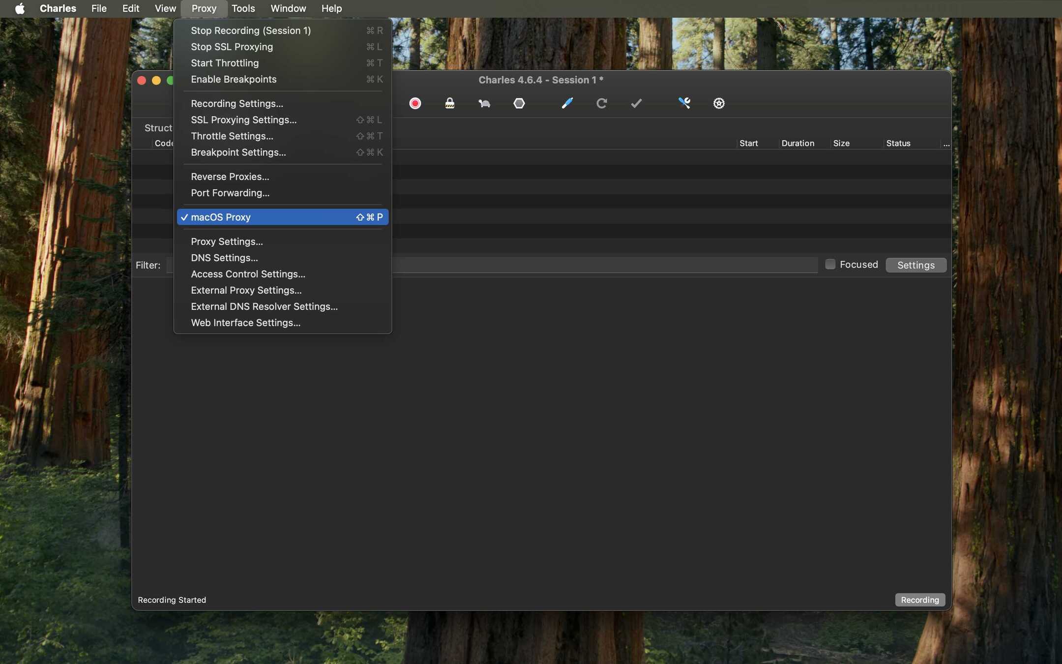 Charles menu showing macOS Proxy enabled.
