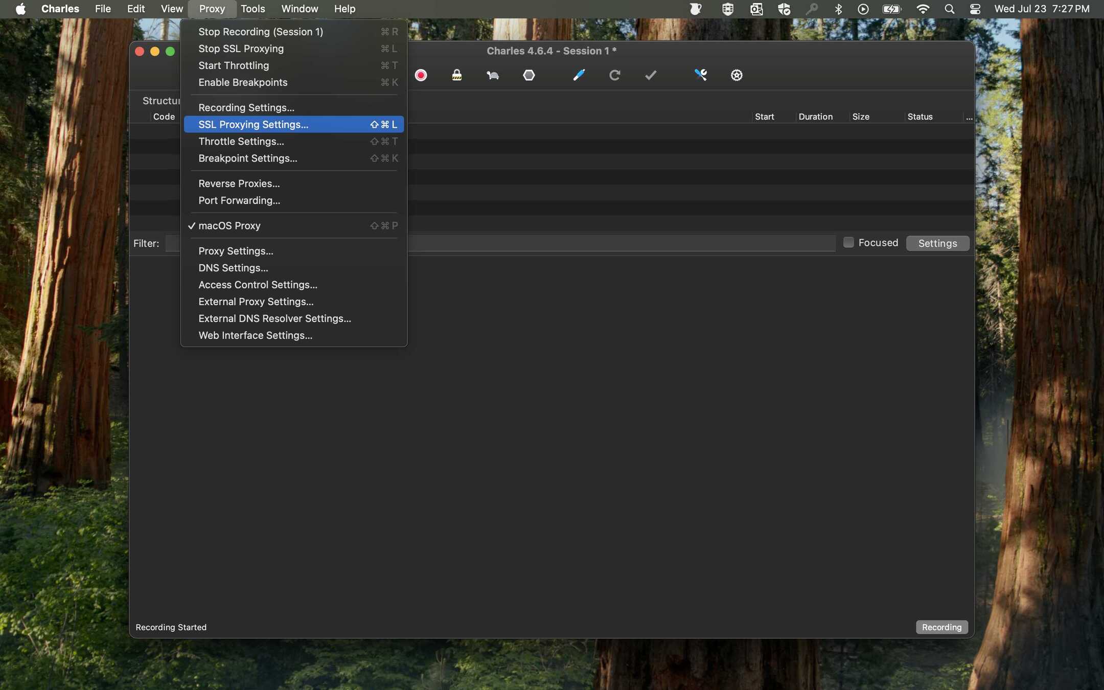 Charles menu showing SSL Proxying Settings.