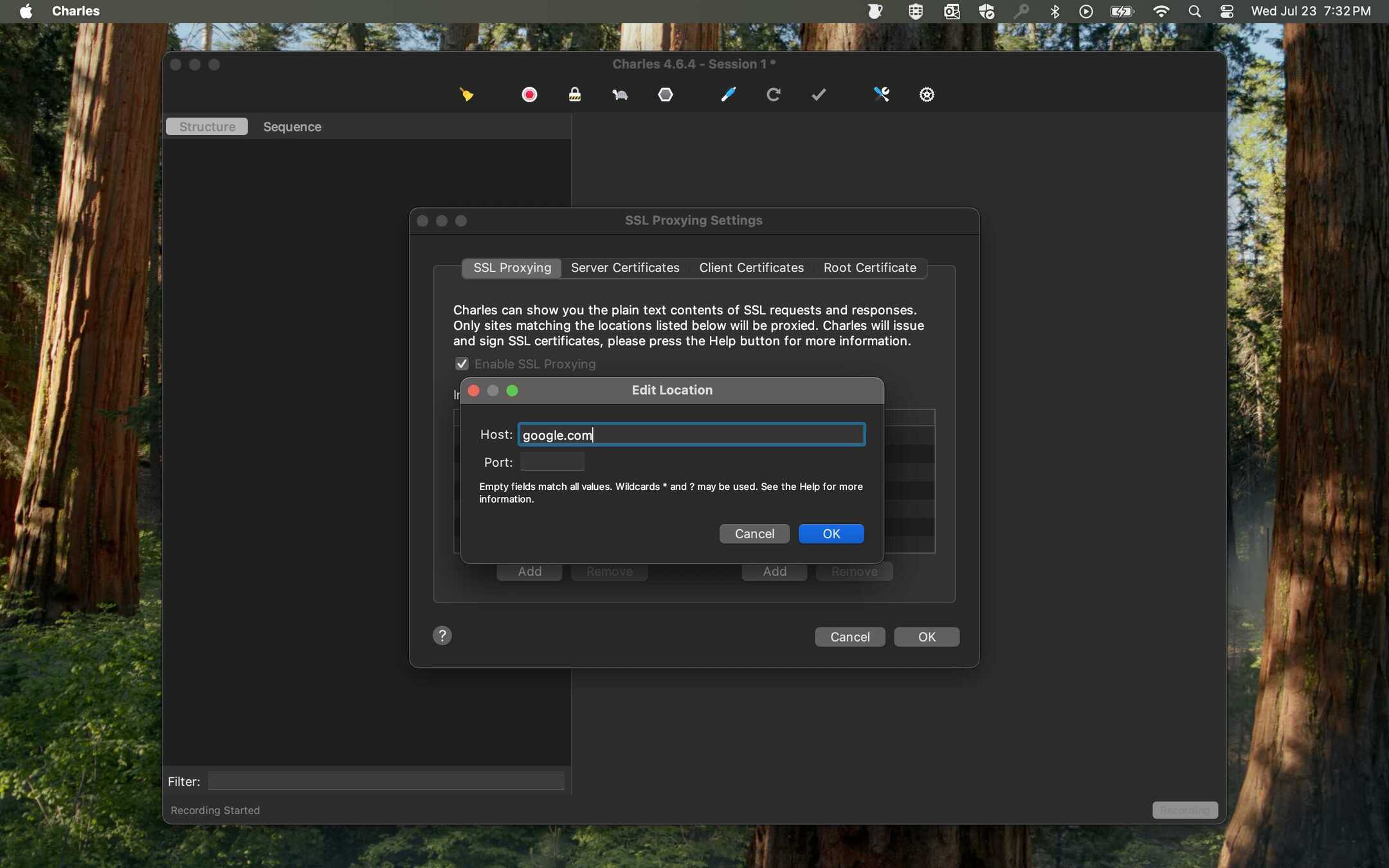 Adding a new location to SSL Proxying Settings.