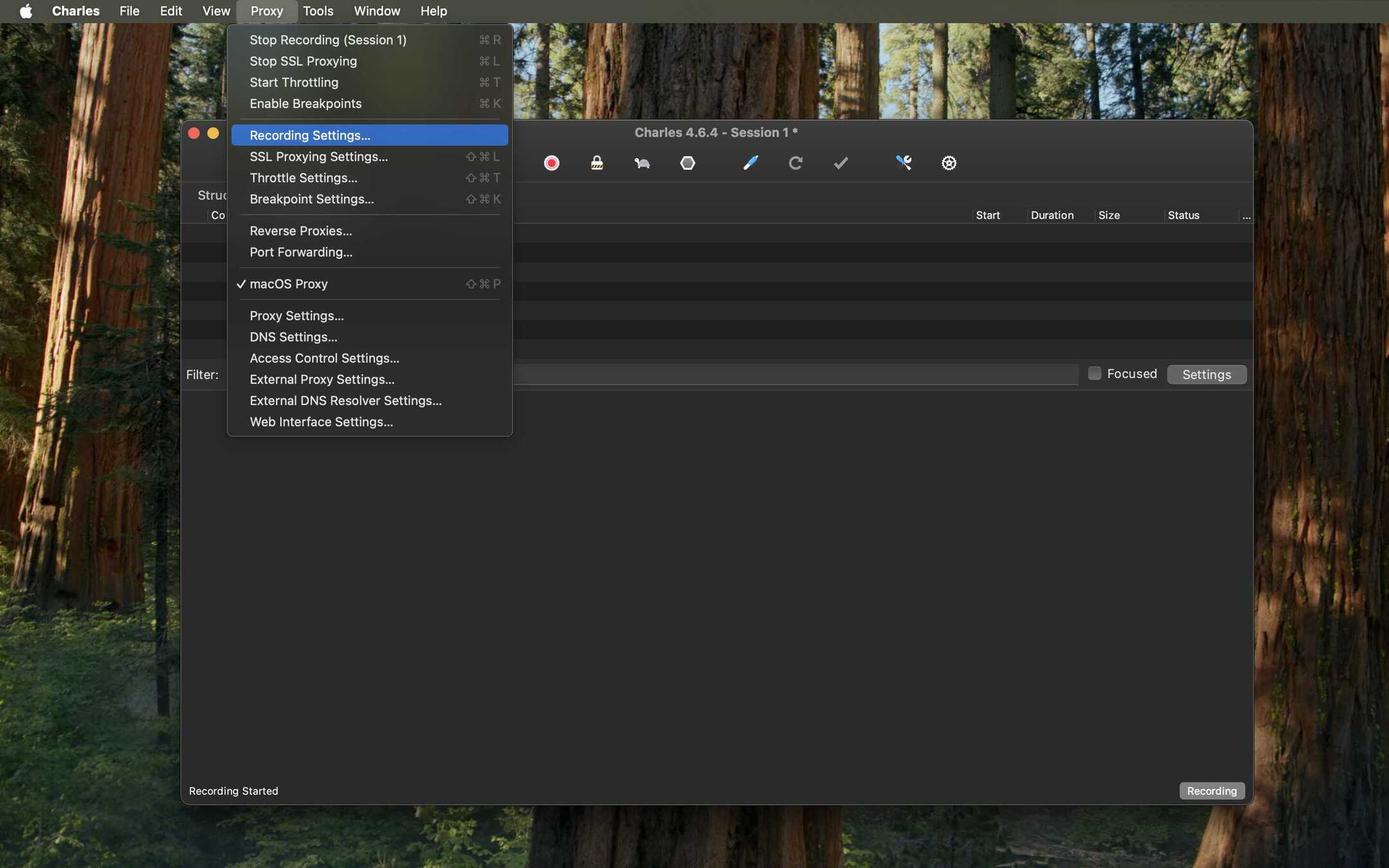 Charles menu showing Recording Settings.