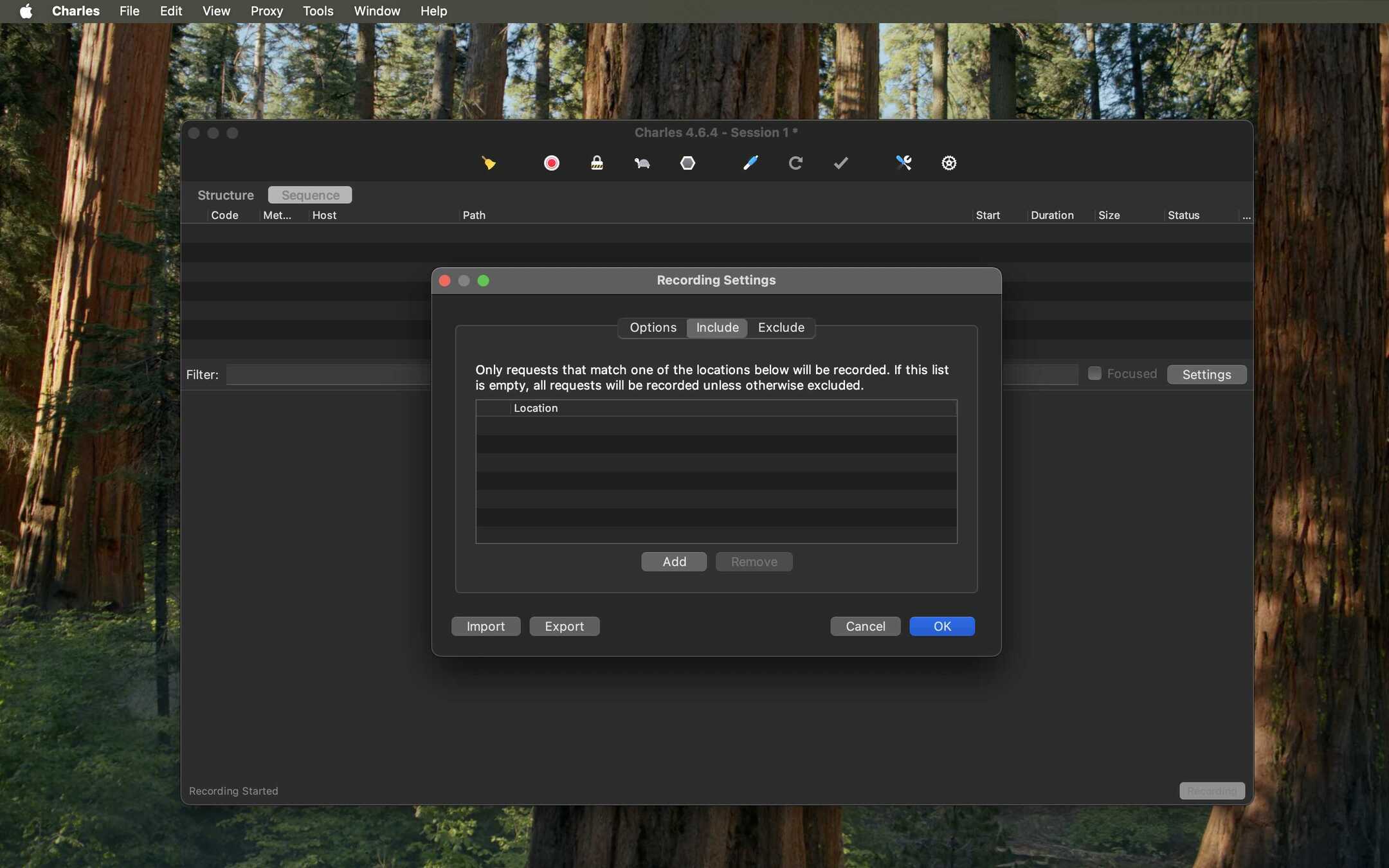 Empty Recording Settings window.